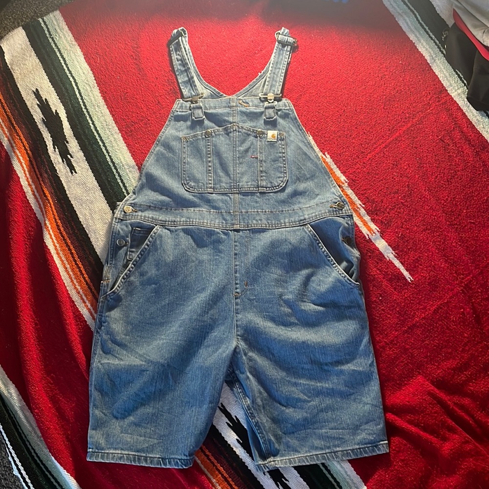 Carhartt Blue Denim Bib Overall Shorts Womens Size XL